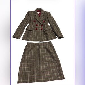 Moschino Brown Plaid Wool Double-Breasted Blazer & Skirt Set with Red Accents
